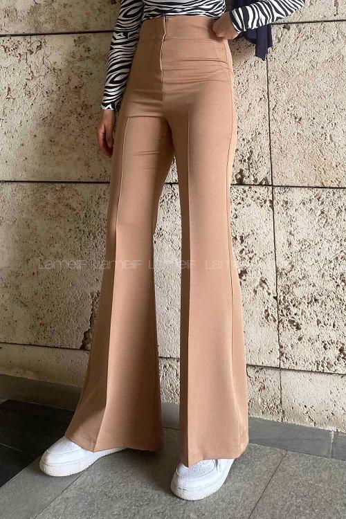 Lamelif Yüksek Bel İspanyol Paça Gizli Cep Pantolon Camel