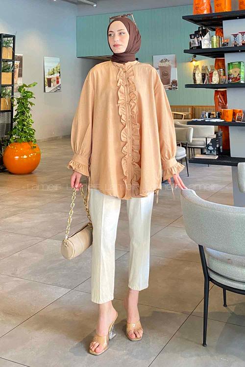 Brown With Milk Mandarin Collar Cotton Unprinted Tunic