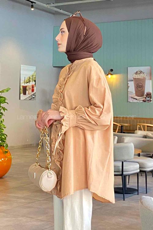 Brown With Milk Mandarin Collar Cotton Unprinted Tunic