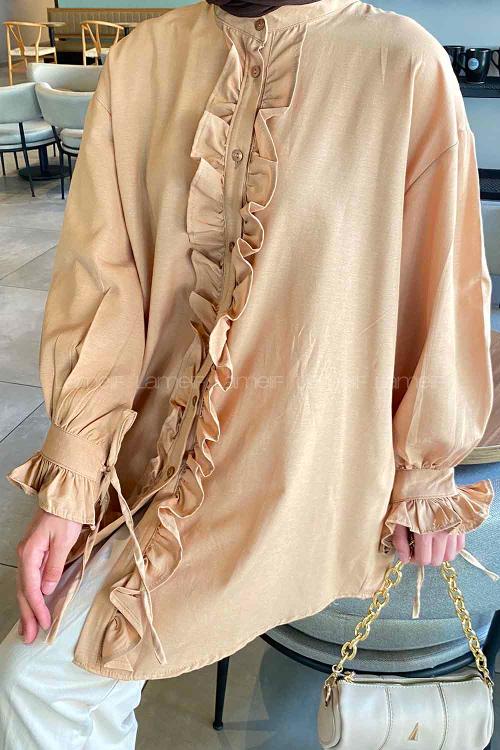 Brown With Milk Mandarin Collar Cotton Unprinted Tunic