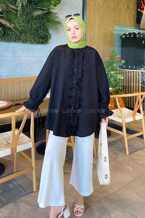 Lamelif Flores Fırfırlı Tunik Siyah