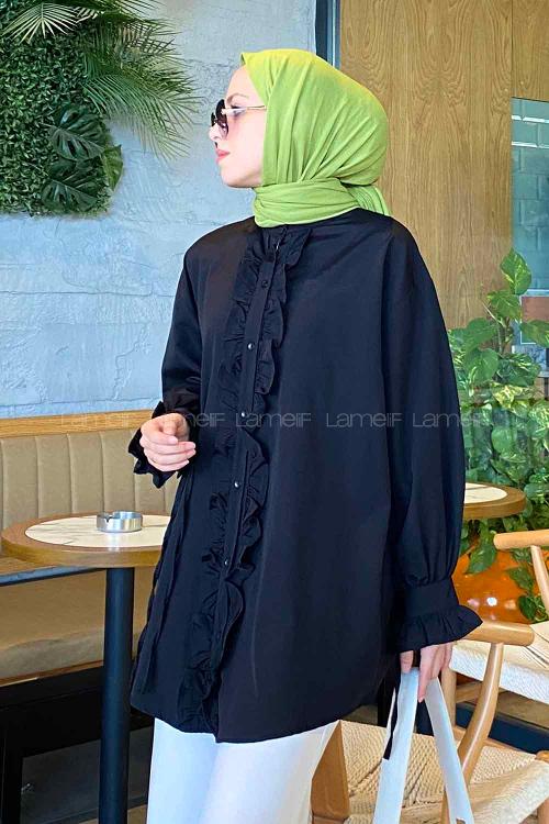 Lamelif Flores Fırfırlı Tunik Siyah