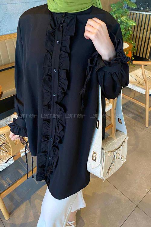 Lamelif Flores Fırfırlı Tunik Siyah