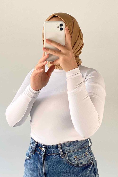 Lamelif Bisiklet Yaka Düz Renk Body Beyaz