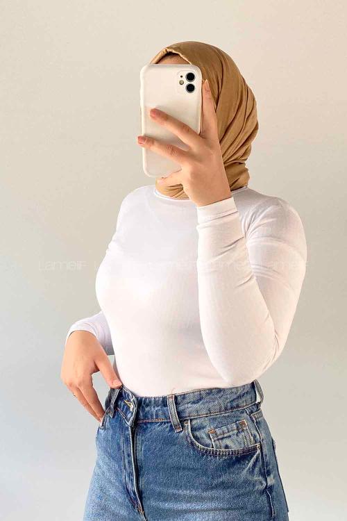 Lamelif Bisiklet Yaka Düz Renk Body Beyaz