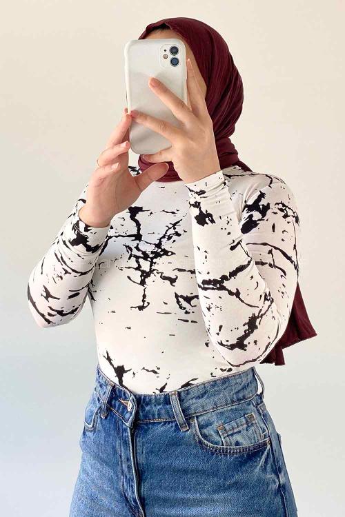 Lamelif Bisiklet Yaka Mermer Desenli Body Beyaz