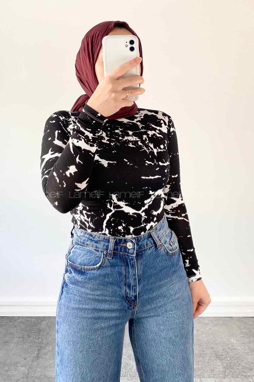 Lamelif Bisiklet Yaka Mermer Desenli Body Siyah