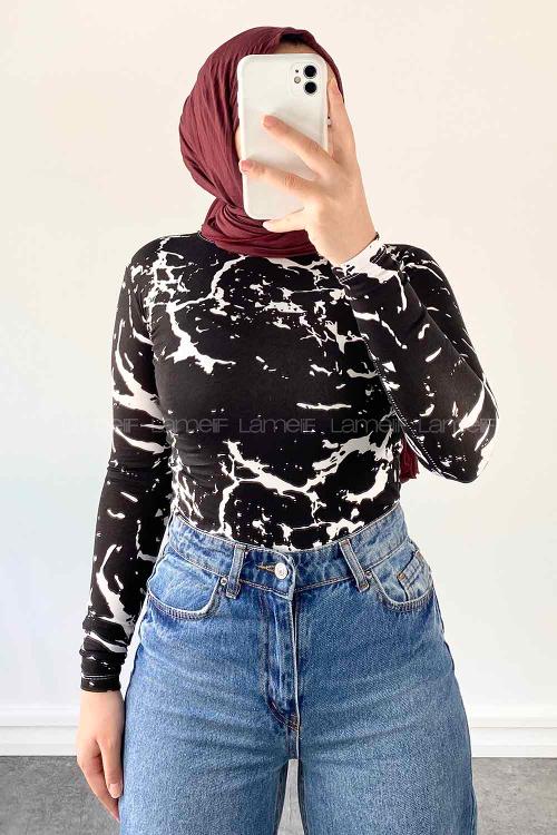 Lamelif Bisiklet Yaka Mermer Desenli Body Siyah