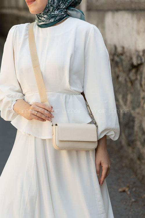 Lamelif Mini Kapaklı Hasır Askılı Kadın Çanta Krem