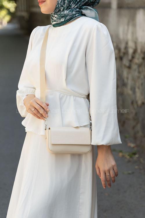 Lamelif Mini Kapaklı Hasır Askılı Kadın Çanta Krem