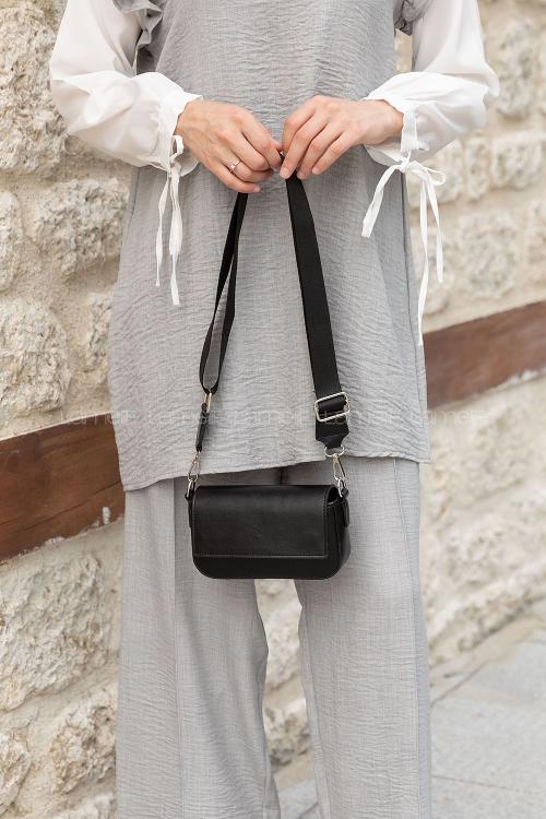 Lamelif Mini Kapaklı Hasır Askılı Kadın Çanta Siyah