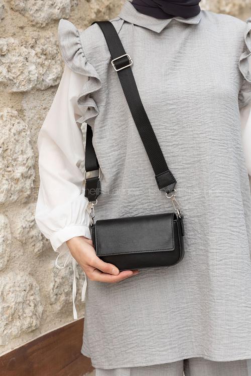 Lamelif Mini Kapaklı Hasır Askılı Kadın Çanta Siyah
