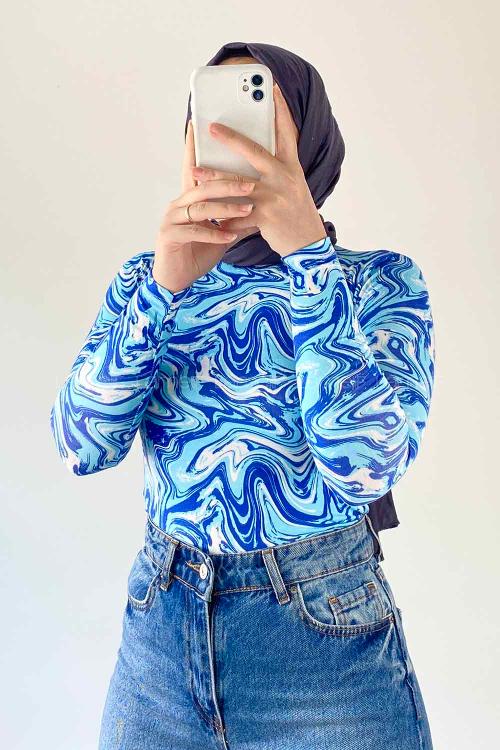 Lamelif Bisiklet Yaka Ebru Desenli Body Mavi