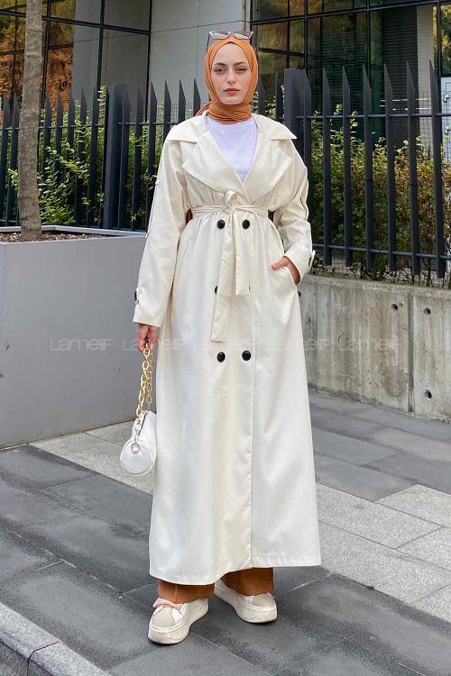 Cream Long Arm Belted Cotton Trench Coat