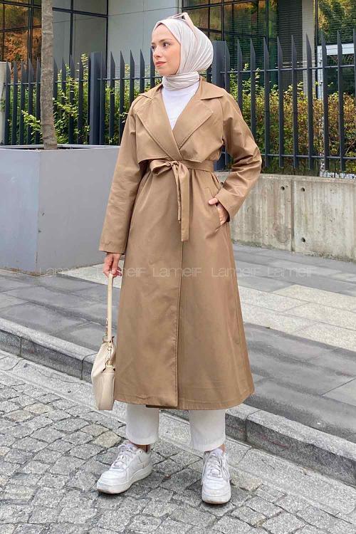 Dark Mink Long Arm Belted Parachute Fabric Trench Coat