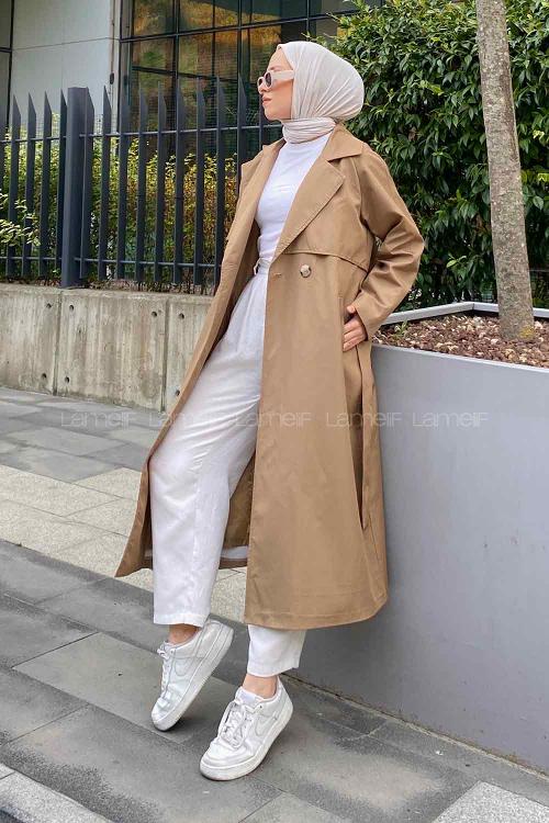 Dark Mink Long Arm Belted Parachute Fabric Trench Coat