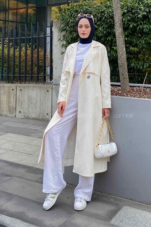 Cream Long Arm Belted Parachute Fabric Trench Coat