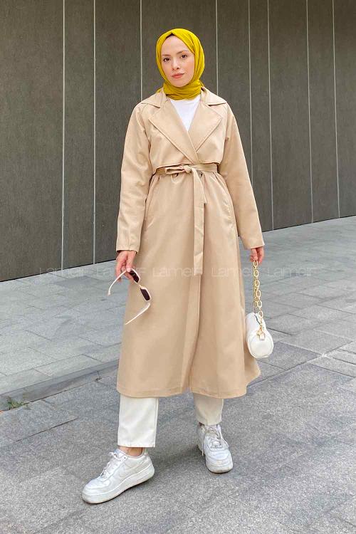 Sand Beige Long Arm Belted Parachute Fabric Trench Coat