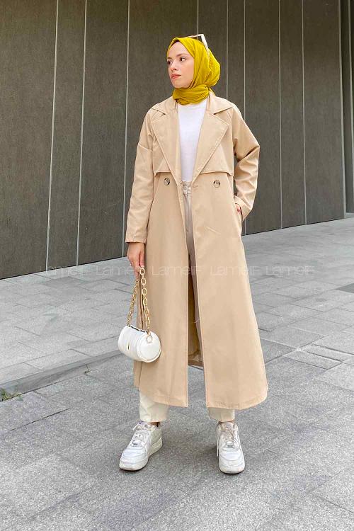 Sand Beige Long Arm Belted Parachute Fabric Trench Coat