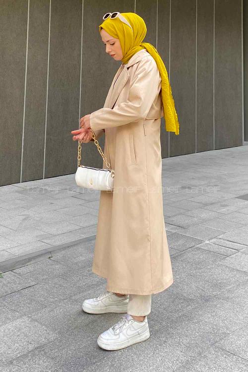 Sand Beige Long Arm Belted Parachute Fabric Trench Coat