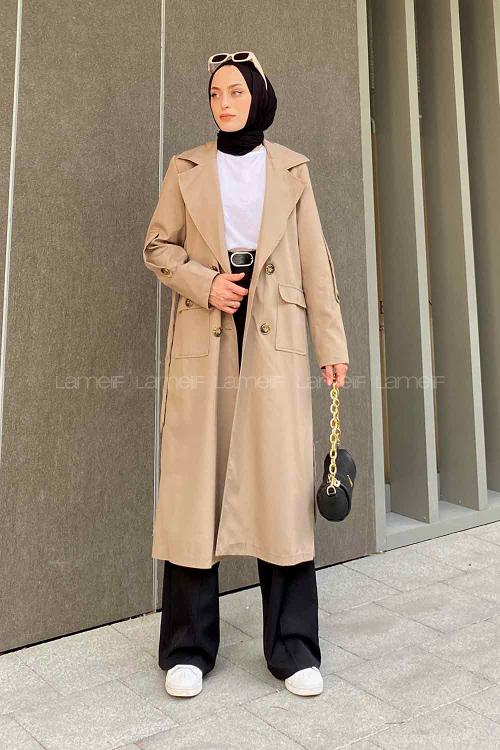 Lamelif Pelican Ön Düğmeli Trençkot Vizonrengi