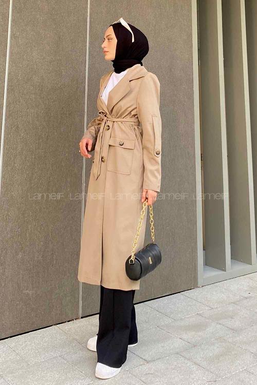 Lamelif Pelican Ön Düğmeli Trençkot Vizonrengi