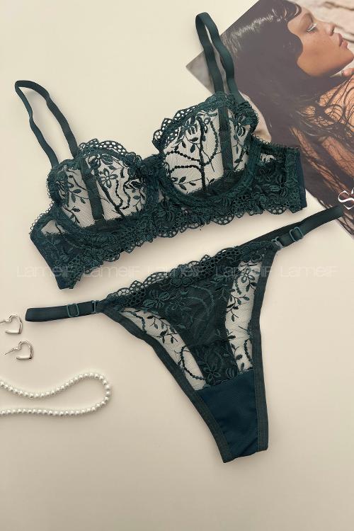 Lamelif Brode Tül Dantelli Nakışlı Takım Zümrüt Yeşili