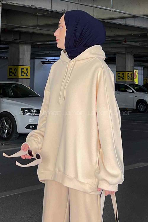 Lamelif Kapşonlu Oversize Yan Cepli Sweat Krem