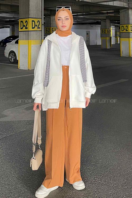 Lamelif Ön Fermuarlı Düz Sweatshirt Beyaz