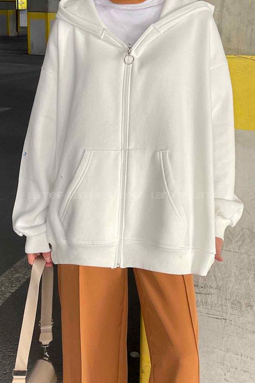 Lamelif Ön Fermuarlı Düz Sweatshirt Beyaz