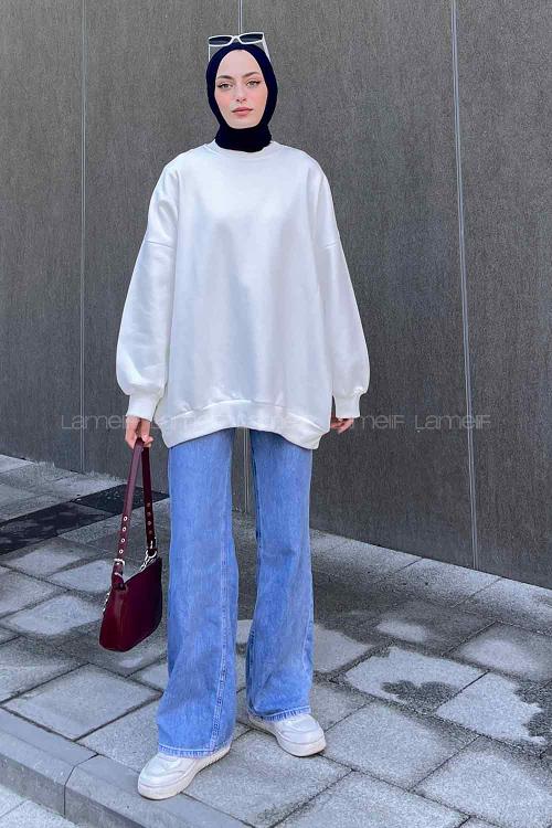 Lamelif Jasmin Bisiklet Yaka Oversize Sweat Beyaz