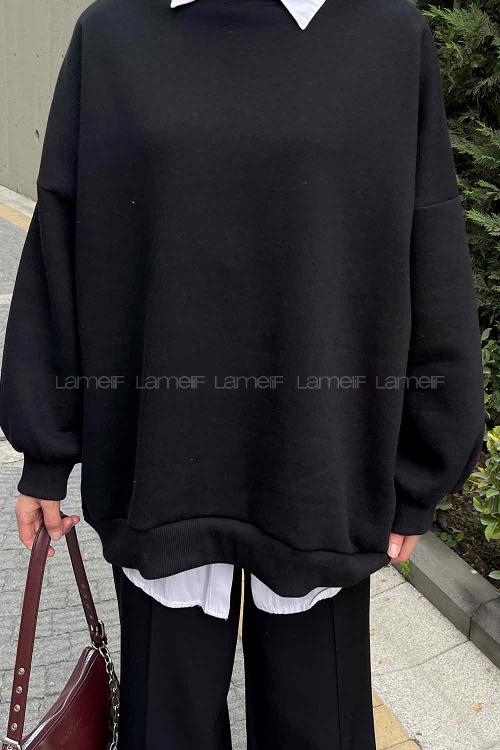 Lamelif Jasmin Bisiklet Yaka Oversize Sweat Siyah