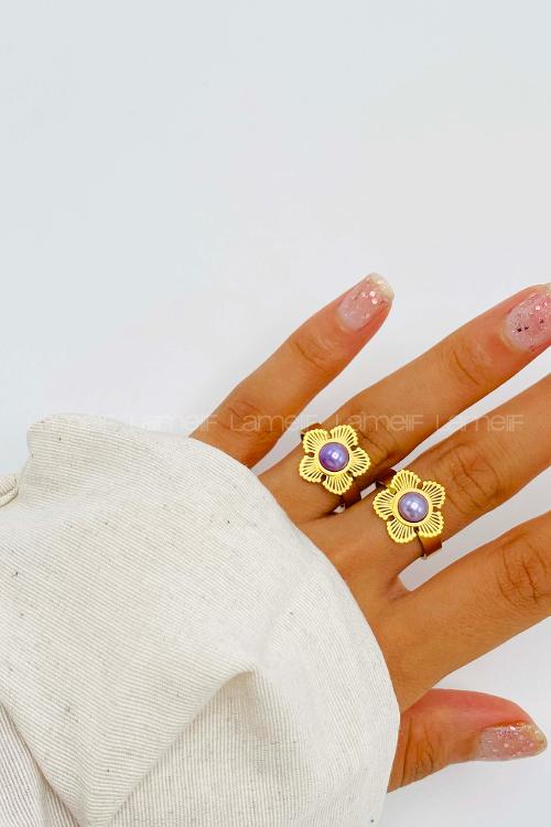 Lamelif Yüksek Kalite Çelik(316L) Gold Lila Çiçek Yüzük