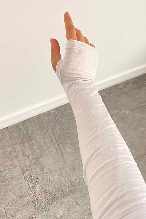Lamelif Eldiven Detaylı Balıkçı Yaka Body Beyaz