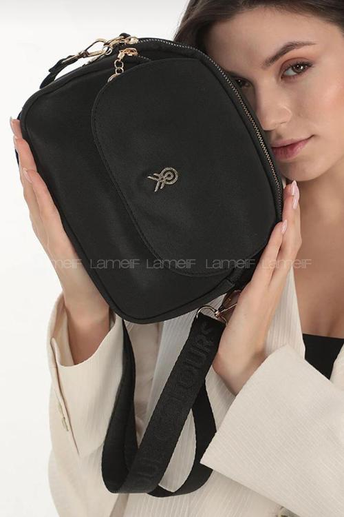Lamelif Üç Bölmeli Buzzy Kumaş Kadın Omuz Çantası Siyah