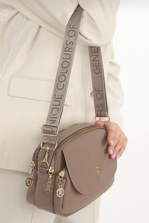 Lamelif Üç Bölmeli Buzzy Kumaş Kadın Omuz Çantası Vizonrengi