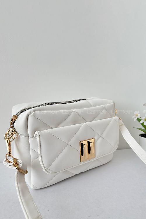 Lamelif Kapak Kilitli Vintage Çapraz Çanta Beyaz