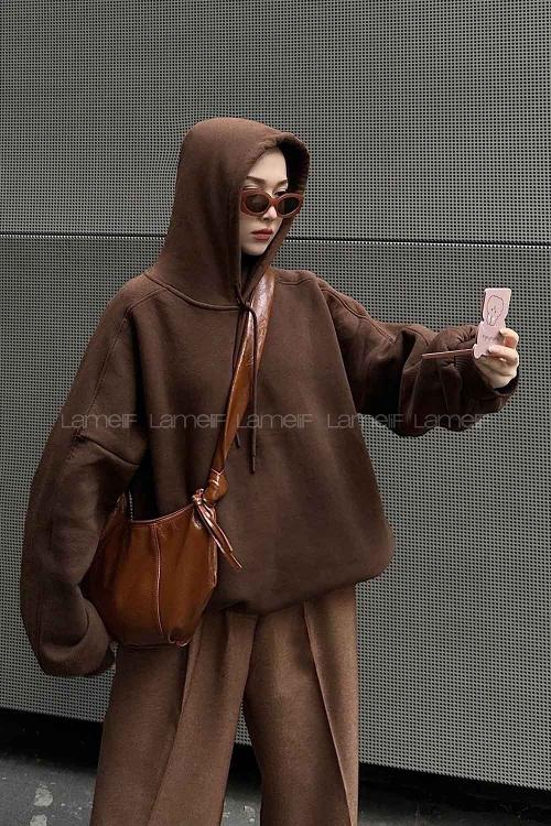 Lamelif Kapşonlu Oversize Yan Cepli Sweat Acı Kahve