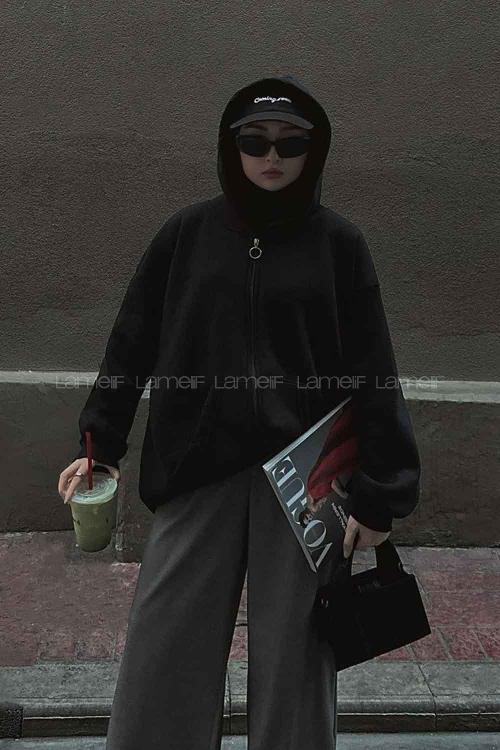 Lamelif Ön Fermuarlı Düz Sweatshirt Siyah