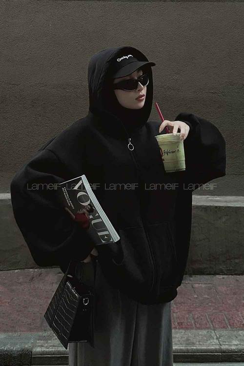 Lamelif Ön Fermuarlı Düz Sweatshirt Siyah