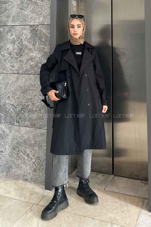 Black Long Arm Belted Cotton Trench Coat