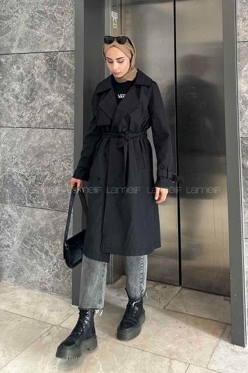 Black Long Arm Belted Cotton Trench Coat