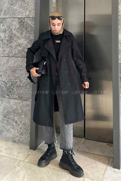 Black Long Arm Belted Cotton Trench Coat
