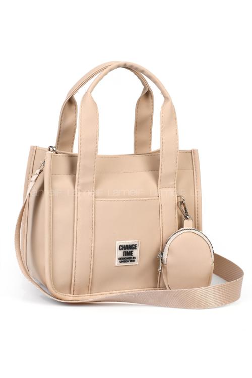 Lamelif Kadın Organik Kanvas Kumaş Çapraz Askılı Tote Omuz Çantası Vizonrengi