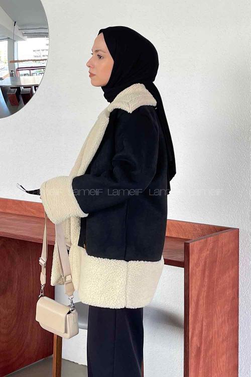 Lamelif Önü Boydan Düğmeli Kürklü Mont Siyah