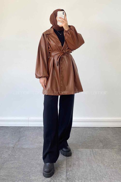 Brown Long Arm Belted Skin Trench Coat