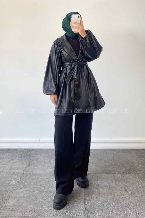 Black Long Arm Belted Skin Trench Coat
