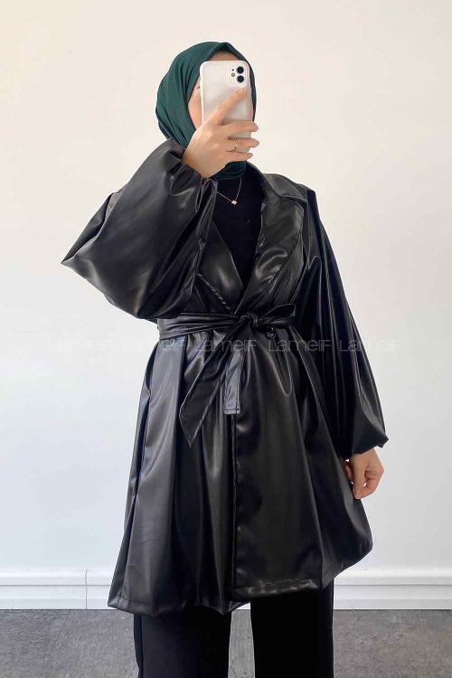 Black Long Arm Belted Skin Trench Coat