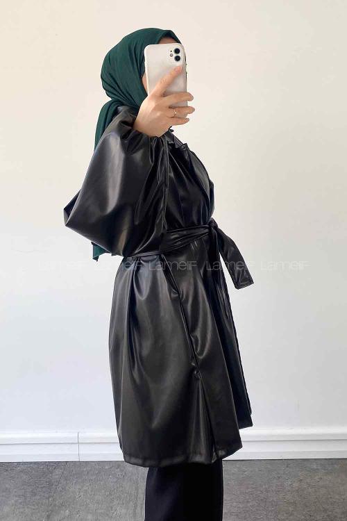 Black Long Arm Belted Skin Trench Coat