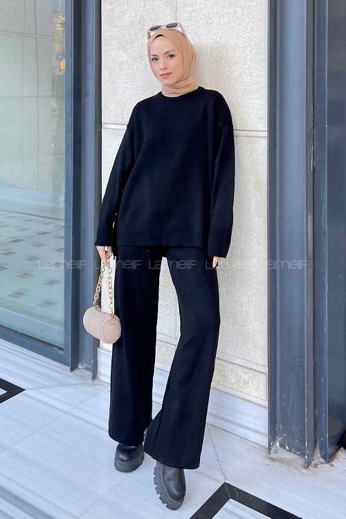 Lamelif Yanlar Düğmeli Tesettür Takım Siyah